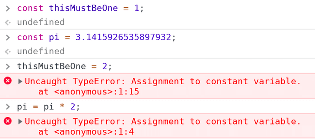 Result as seen on DevTools for trying to change constant variables